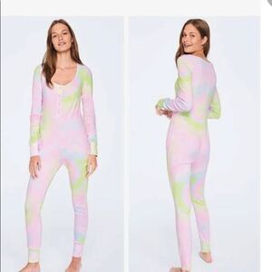Vs Victorias Secret Pink One Piece Pajama Cozy Sleep Rainbow Tie Dye XS